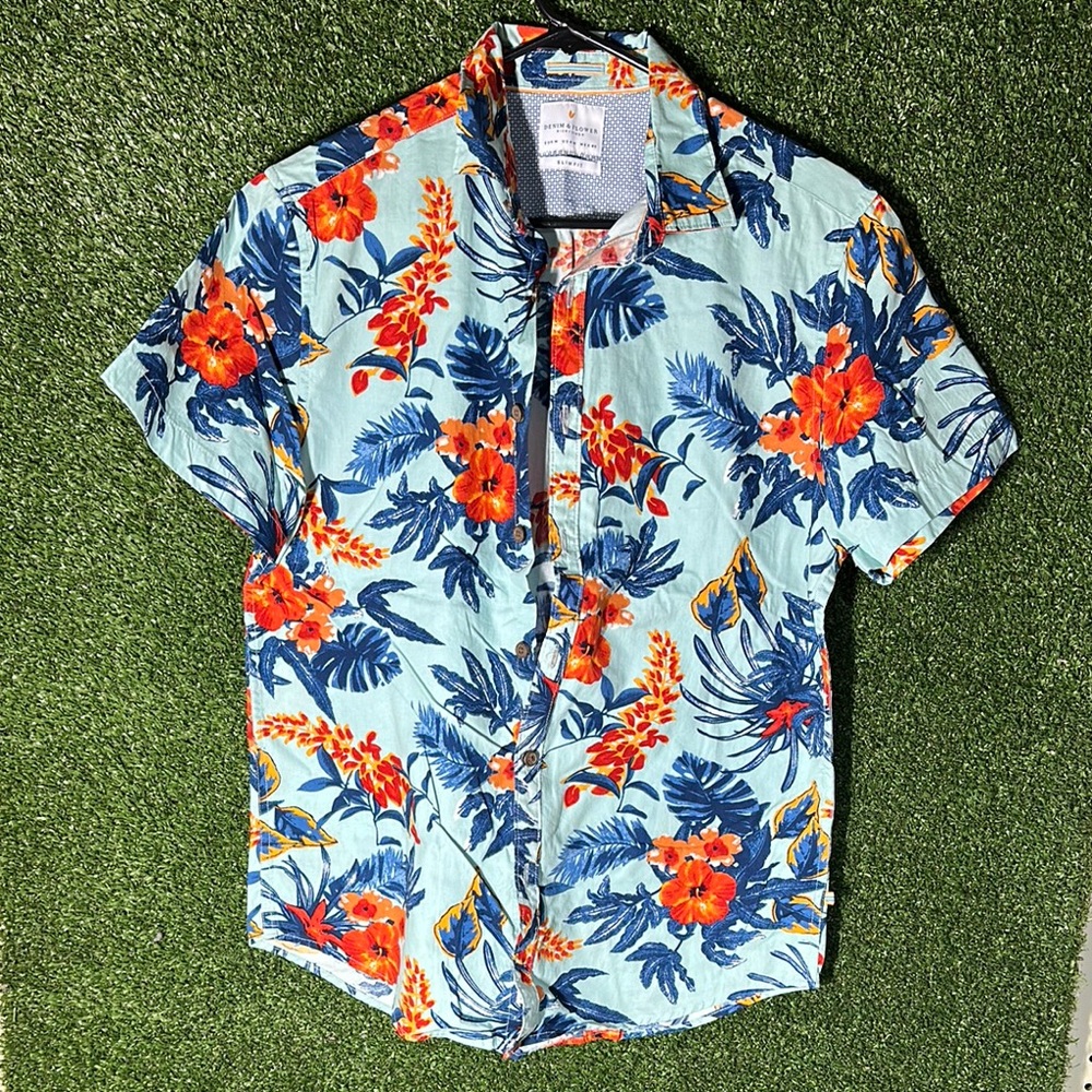 Denim & Flower Casual Blue and Orange Floral Shirt